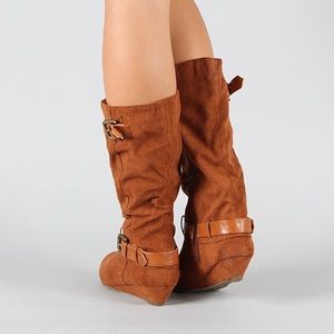Bamboo Tamara Suede Mid Calf Wedge Boot